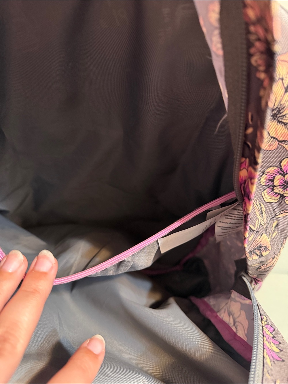 Jansport Gray Floral Backpack with Pink Accents and Brown Leather Base - Picture 8 of 9